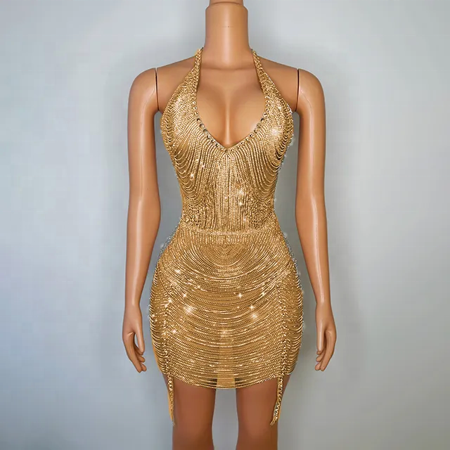 Gold Birthday Dress - Sexy Mini Dress with Tassel & Rhinestone