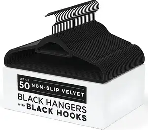 Luxury Low Price Velvet Felt Non Slip Clothes Hangers 50 Pack - Ultra Slim & Space Saving - Heavy Duty Swivel Black Hook for Clo