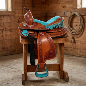 Selle de cheval Western en cuir véritable à franges turquoise, durable et portable, équipement d'équitation, couleur personnalisable - Product Image 3