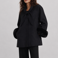 Veste en mélange de laine double face pour femmes élégantes, vêtement d'extérieur d'hiver écologique avec poignets en fourrure de renard et bouton nœud papillon