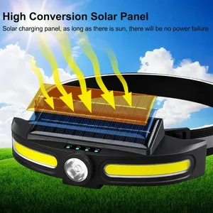 Lampe frontale rechargeable à énergie <span class=keywords><strong>solaire</strong></span>, étanche, batterie au lithium intégrée, IP44, double source lumineuse, USB, camping, extérieur - Product Image 2