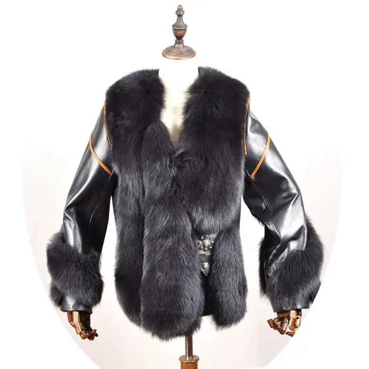 2024 Nouveau design Vestes en cuir pour femmes à col en V noir de luxe avec fourrure de renard