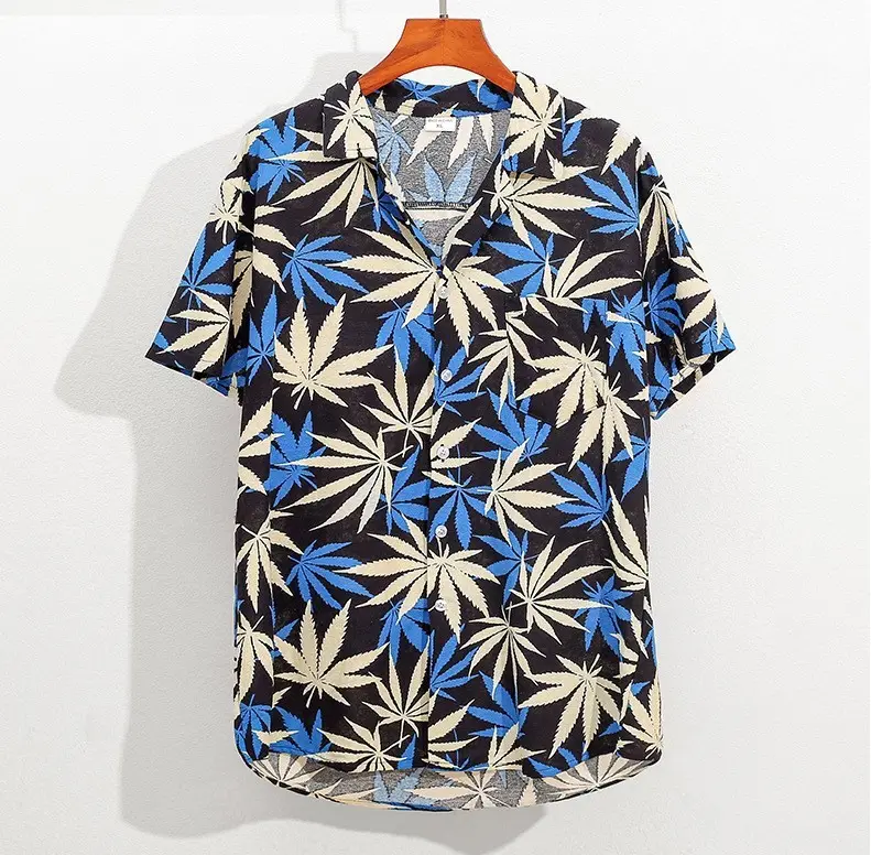 Oem Custom Logo Vintage Style Birds Floral Print Short Sleeve Streetwear Lapel Hawaiian Resort Beach Tops Men's Shirts