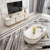 Ensemble de meuble TV et table basse en bois avec plateau en marbre moderne et luxueux pour salon, console beige, design de meubles