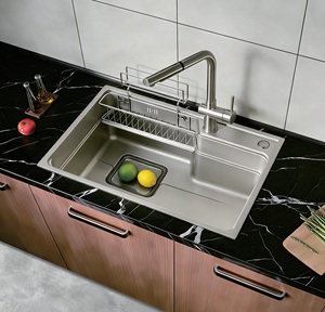 Évier de cuisine en acier inoxydable SUS304, finition argent volcanique nano, 680x480mm, cuve simple, avec robinet extractible inclus - Product Image 2