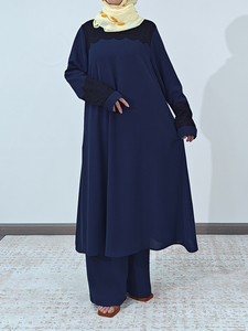 Moda musulmana árabe señora traje de dos piezas islámico elegante chica manga larga encaje Tops pantalones conjunto sólido Abaya mujeres <span class=keywords><strong>trajes</strong></span> musulmanes - Product Image 5