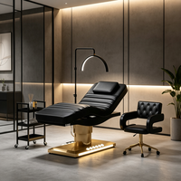 Ensemble de Mobilier de Luxe pour Salon de Beauté Noir et Or, Lit de Massage Cosmétique Électrique à 3 Moteurs, Lit Facial Réglable pour Cils avec Lampe