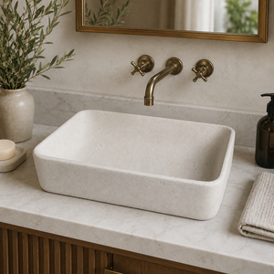 อ่างล้างมือแบบติดผนังหินธรรมชาติหรูหราจาก Poulars Wholesale รุ่น Moonlight Beige ทำจากหินอ่อน - Product Image 1