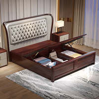 Lit minimaliste moderne en bois massif de style chinois avec tête de lit souple 1.8m double taille placage ébène et espace de rangement rembourré