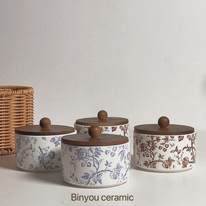 French Vintage Style Floral Ceramic Bowl with Lid for Aromatherapy Candles Sealed Storage Jar Jewelry Organizer Box-for Parties
