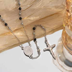 4mm 스테인리스 스틸 비즈 성모 마리아 묵주 천주교 유니섹스 금도금 비즈 묵주 십자가 목걸이 - Product Image 6