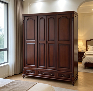 Armario de Madera Maciza de Lujo de 4 Puertas con 3 Cajones Inferiores, Armario de Almacenamiento de Ropa para Dormitorio en Estilo Retro Nogal - Product Image 6
