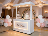 Chariot à bonbons pliable personnalisé en bois et métal pour mariages, anniversaires et événements, avec éclairage LED, présentoir portable, taille commerciale, location