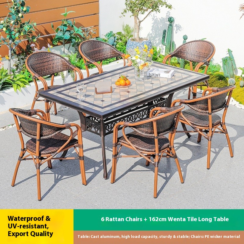 Mesa larga de baldosas Wentai de ratán con 6 sillas.