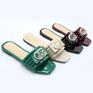 West Africa high quality Flat Metal Buckle walking shoes summer PU lining flat slippers outdoor beach flat sandals footwear