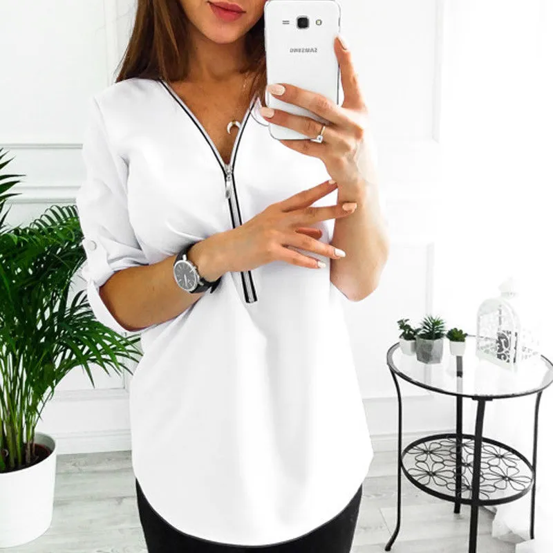 2021 New Arrivals woman clothes girls casual tops long sleeve half zipper plain casual ladies' blouses