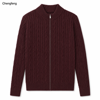 Cardigan en tricot pour homme, manches longues, fermeture éclair intégrale, col montant, motif torsadé vertical, bordeaux, personnalisé