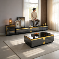 Table basse de salon haut de gamme en verre noir brillant avec tiroirs de rangement incrustés d'or
