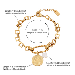 Bracelet vintage en acier inoxydable plaqué or 18 carats avec breloques géométriques, coquillages sculptés, trèfles et médailles pour femme - Product Image 6