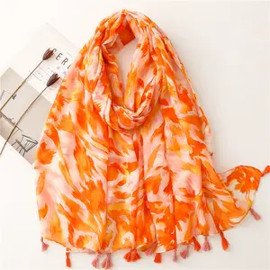 Custom orange printed voile cotton scarfs hijab women thin sunscreen shawl scarf