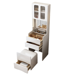Tocador Alto que Ahorra Espacio con Espejo LED, Mesa <span class=keywords><strong>de</strong></span> Maquillaje Blanca Estrecha con Taburete - Product Image 6