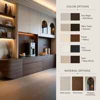 Buffet de salle à manger personnalisé | Porte en verre cintrée gris beige | Étagère flottante LED | Base Courbe | Vente en gros OEM