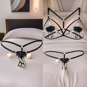 Conjunto de Lencería Sexy para Mujer, Tres Piezas, Bordado, Estilo con Borlas de Perlas Negras - Product Image 1
