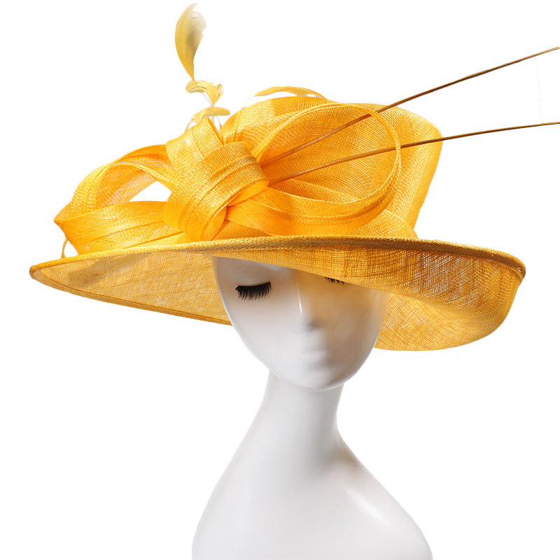 Mode Vrouwen Zonnehoed Sinamay Straw Wide Brim Kentucky Derby Geel Kerk Wedding Hoeden