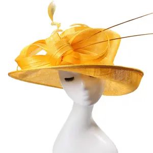 Sombrero de sol sinamay para mujer, sombrero de paja de ala ancha, sombreros de boda para iglesia, color amarillo