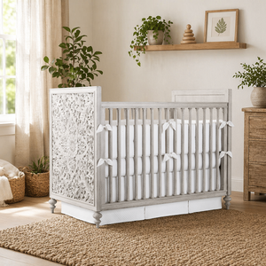RH American Country <strong>Oak</strong> Solid Wood Carved Crib Multifunctional Toddler Bed Portable <strong>Cot</strong> Newborn White - Product Image 1