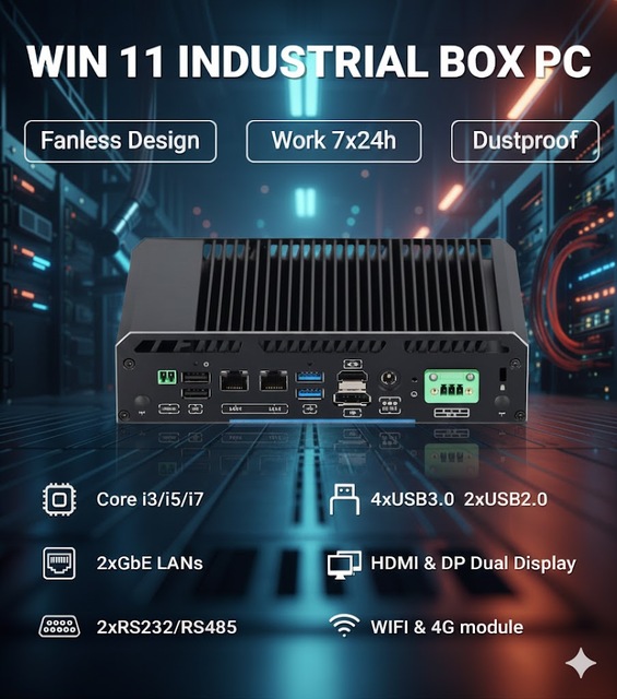 Rugged Industrial Pc Fanless Win 11 Embedded Box Computer 9~36V Power Supply GPIO TPM2.0 RS232/RS485 COM Dual LAN