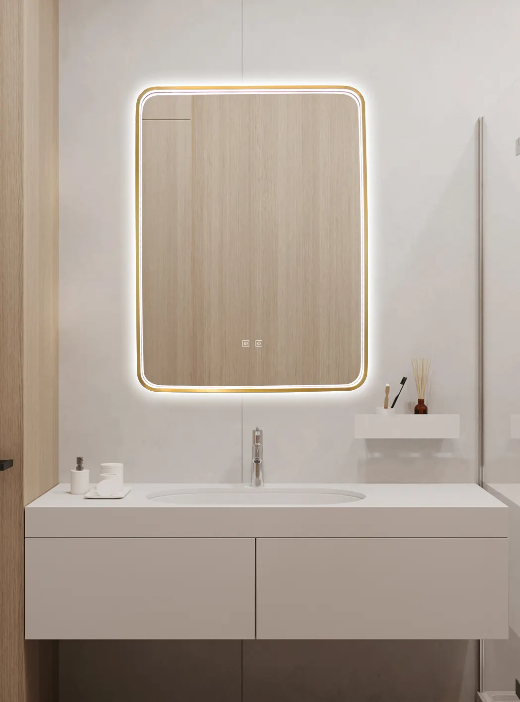 Moderno touch screen retroilluminato specchio da bagno Smart anti-nebbia specchio da bagno da parete con luce a LED
