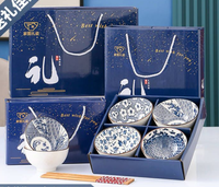 Ensemble de bols en céramique de style camélia bleu et blanc, écologiques et luxueux, en porcelaine, cadeau, style minimaliste chinois, compatible four/micro-ondes/lave-vaisselle