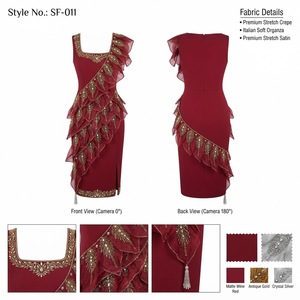 Robe de cocktail rouge vin satinée mate respirante avec volants en cascade et broderie dorée, élégante robe de soirée pour occasions spéciales - Product Image 1