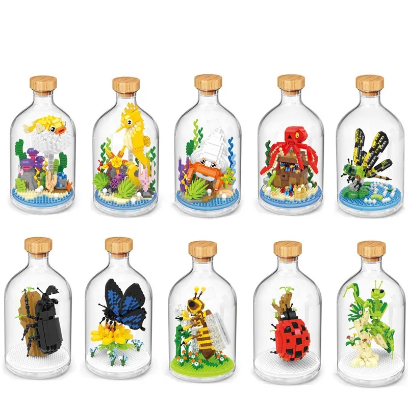 2790-2847 hadiah mainan plastik anak perempuan, gambar blok bangunan Mini dekorasi kepiting tanaman hewan laut serangga