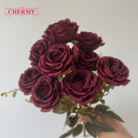 DC206 Dalian Chermy 9 Tangkai Bunga Mawar Kecil Buket Bunga Sutra Mawar Burgundy Bunga Artificial Untuk Dekorasi Pernikahan