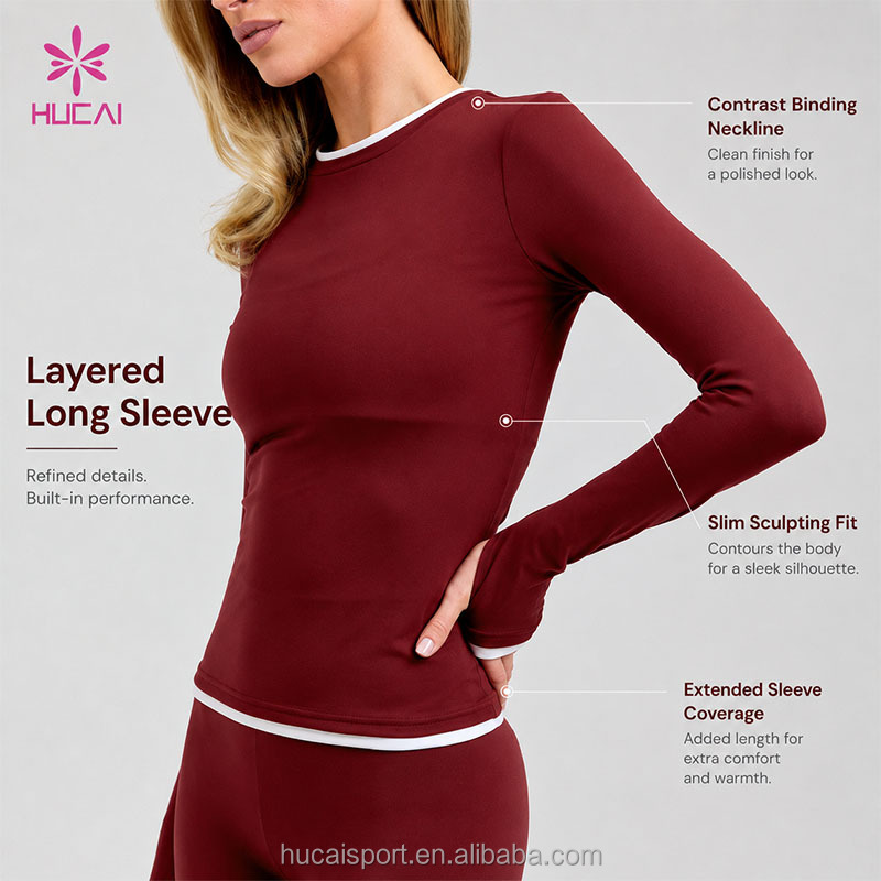 ODM HUCAI Custom Breathable Lightweight Fitted Color Contrast Gym Yoga T-shirt Double Layer Long Sleeve Workout Tops for Women