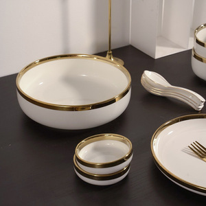7pc Gold Trim Ceramic Dinnerware <b>Set</b> Elegant Porcelain Tableware for Dining Dishwasher Safe Formal Table Setting Collection - Product Image 2
