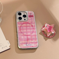 Coque de téléphone antichoc en TPU+PC à carreaux rouges plaquée or avec anneau magnétique, style Ins, pour 14/15/16 Pro Max/17