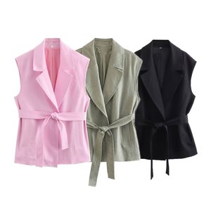 Gilet <span class=keywords><strong>taille</strong></span> <span class=keywords><strong>haute</strong></span> en lin de couleur unie <span class=keywords><strong>tailleur</strong></span>-<span class=keywords><strong>pantalon</strong></span> extensible à jambes larges pour femmes - Product Image 4
