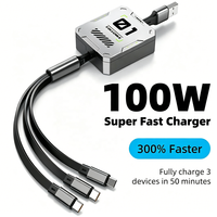 Câble de données USB Type C rétractable télescopique 3 en 1 100W 3A à charge rapide pour téléphone portable, ordinateur et batterie externe