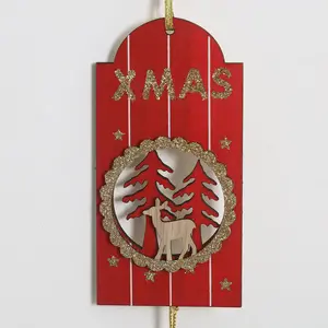 Wooden Christmas Hanging Ornament 3 Ass. Red Flocking W/gold Glitters And Gold Rope