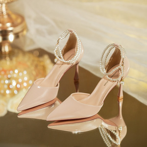 Zapatos de Novia con Tacón de Aguja y Punta Puntiaguda, con Correa de Tobillo con Perlas, Tacones Altos a la Moda, de Color Sólido, para Boda - Product Image 3