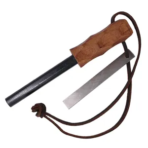 Heavy Duty Grip Wood Handle HSS Striker Large Ferrocerium Rod Fire Starter Steel with Leather Cord