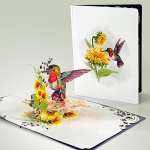 Hummingbird And Sunflower Pop Up Greeting Card For Mothers Day 3D Paper Card With <b>Matte</b> Finish Rectangle Shape - Product Image 4