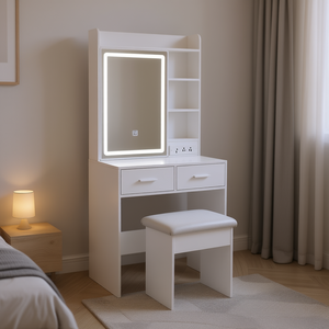 Coiffeuse blanche avec miroir LED, tabouret rembourré et rangement dissimulé pour petites chambres – Design moderne - Product Image 2