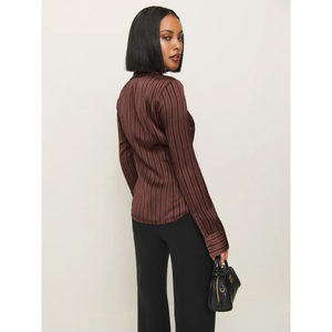 Camicetta autunnale aderente in stile acetico da donna con bottone a scollo a V lungo stampato Casual stile ufficio a righe - Product Image 5