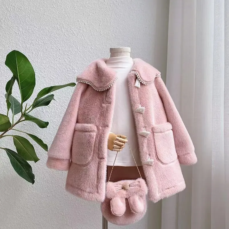 24033 bambini di inverno di abbigliamento piccolo bambino delle ragazze cappotti di pelliccia con il sacchetto caldo del panno morbido di modo coreano vestiti dei bambini all'ingrosso