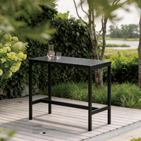 Table haute rectangulaire de bar en gros avec plateau à lattes et pieds en métal, idéale pour l'extérieur, la terrasse, le balcon, le jardin, le bistrot, le pub