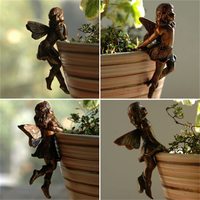 Mini Fée Jardin 4PCS Miniature Fées Planteur Pot Huggers Résine Vintage Bronze Ange Statue Angle Volant Fée Figurines